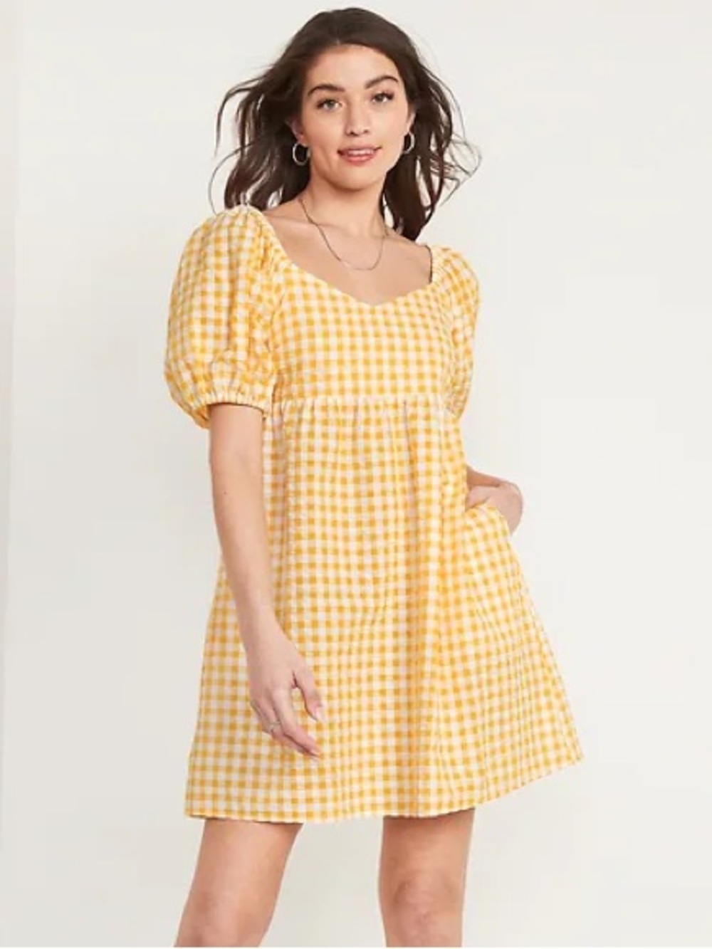 Old Navy seersucker puff sleeve gingham dress with pockets, small